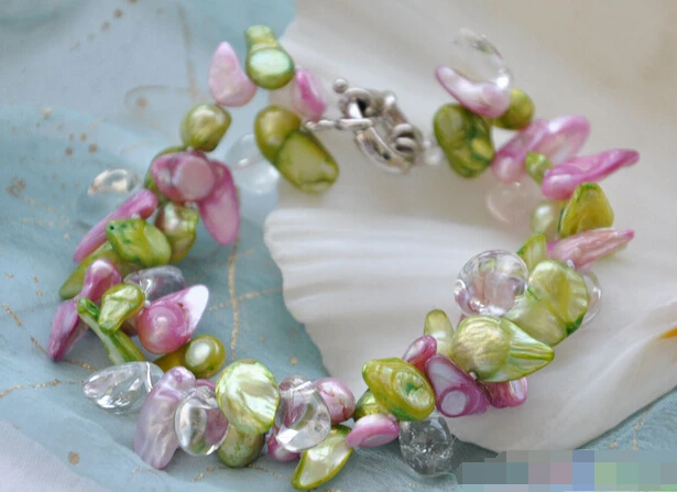 

free shipping 01404 2row 8" baroque tail green pink pearl crystal bracelet