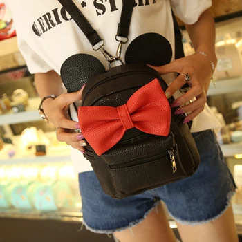 

Mickey backpack 2018New Female bag Quality pu leather Women Backpack Mickey ears Sweet girl bow College Wind Travel Shoulder Bag