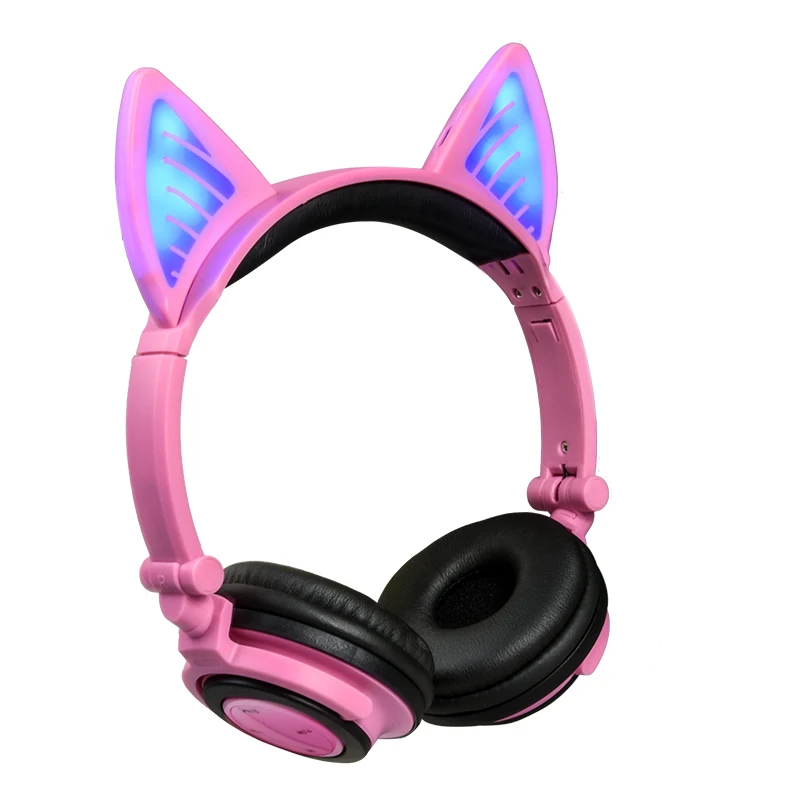Милые наушники с кошачьими ушками, Bluetooth 4,2, складные, светодиодный, мигающий, светящаяся гарнитура, Накладные наушники, беспроводные, для девочек, детей - Цвет: Розовый