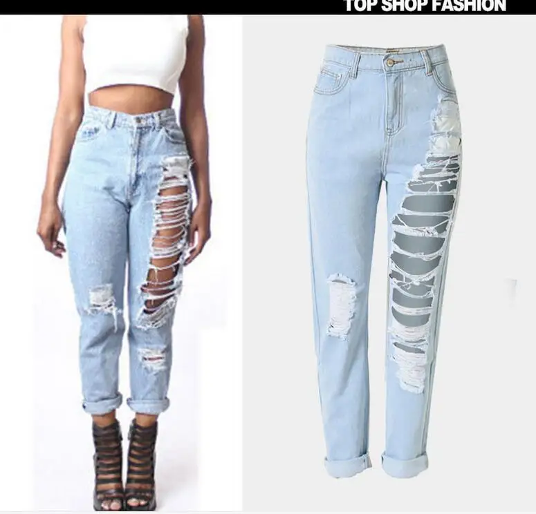 free shipping New Fashion women jeans woman Light Blue Solid Novelty Skinny Full length ripped jeans
