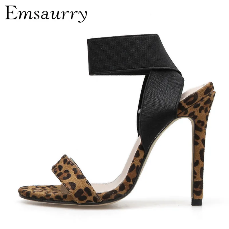 

Sexy Horsehair One-strap Gladiator Sandals Women Thin High Heels Elastic Band Leopard Catwalk Stage Summer Shoes Woman