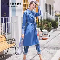 Cheerart Autumn 2018 Blue Trench Coat Women Epaulet Duster Coat Ladies Long Trench Coat Slim Overcoat Female Fashion