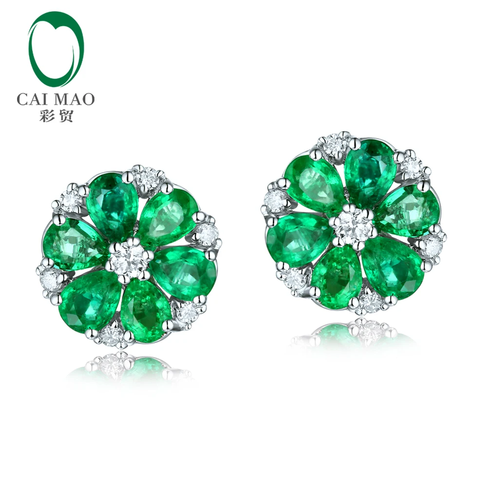 Caimao 14k Gold Natural 1.78ct Emerald & H SI Diamond Engagement Wedding Earring Studs for Women