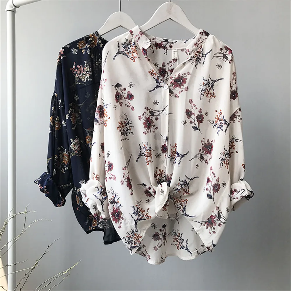 High quality Casual Chiffon Floral Women blouse shirt oversize Long sleeve Loose shirt office wear Flower tops Blusas Camisas (15)