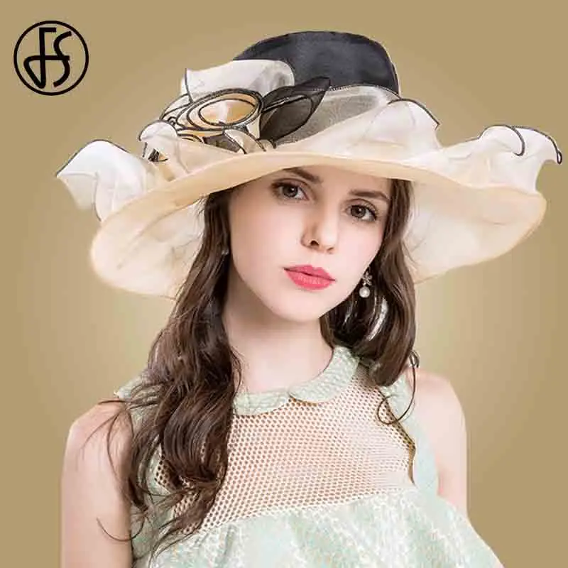 

FS Elegant Sun Hats For Women Summer Beach Big Flower Wide Brim Organza Sunhat Chapeu Feminino Kentucky Derby Hats