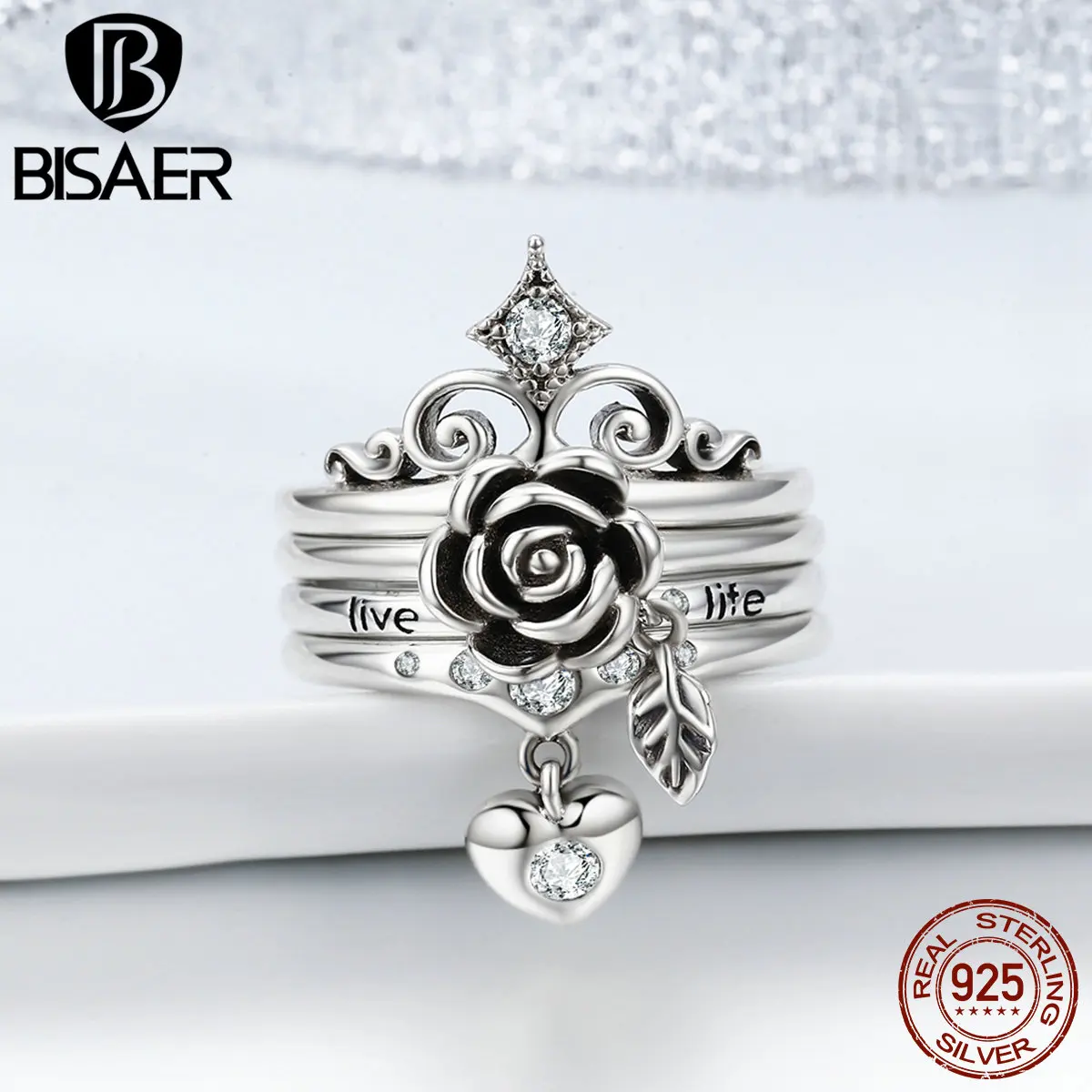 

BISAER Hot Sale 100% 925 Sterling Silver Female Dangle Heart Clear CZ Women Finger Rings for Women Engagement Jewelry GXR276
