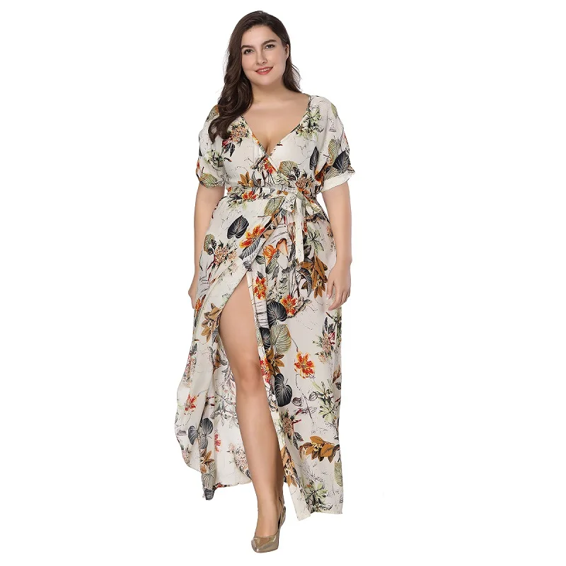 Summer-women-boho-floral-printed-plus-size-maxi-dress-Bohemian-v-neck-short-sleeve-high-waist