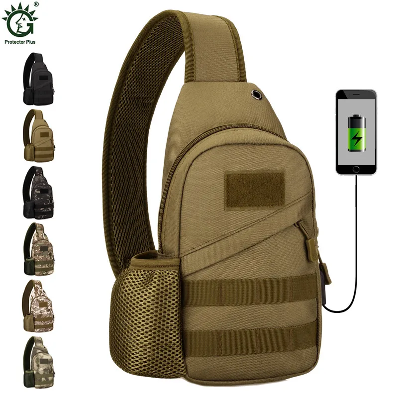 

High Quality Men Water Bottle Shoulder Messenger Bags Military Casual Nylon Chest Back Pack Travel USB Charging Sling Rucksack
