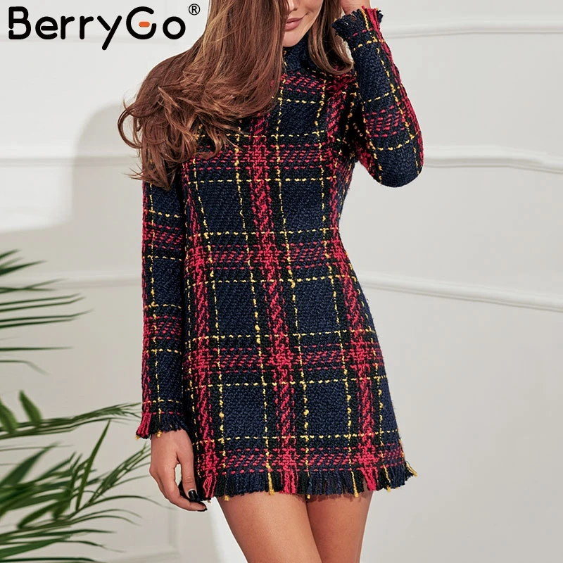 Goede Berrygo Elegant Office Lady Plaid Winter Jurk 2018 Lange Mouw Stand Kraag Dikke Warme Kwastje Jurk Mode Slanke Vrouwelijke Vestido