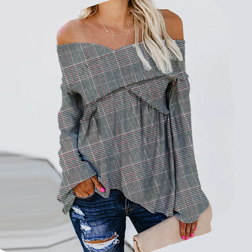 

KANCOOLD top T-Shirt Women Sexy V-neck Off Shoulder T-Shirt Plaid Loose Fashion Patchwork Autumn Winner new top femme 2018dec20