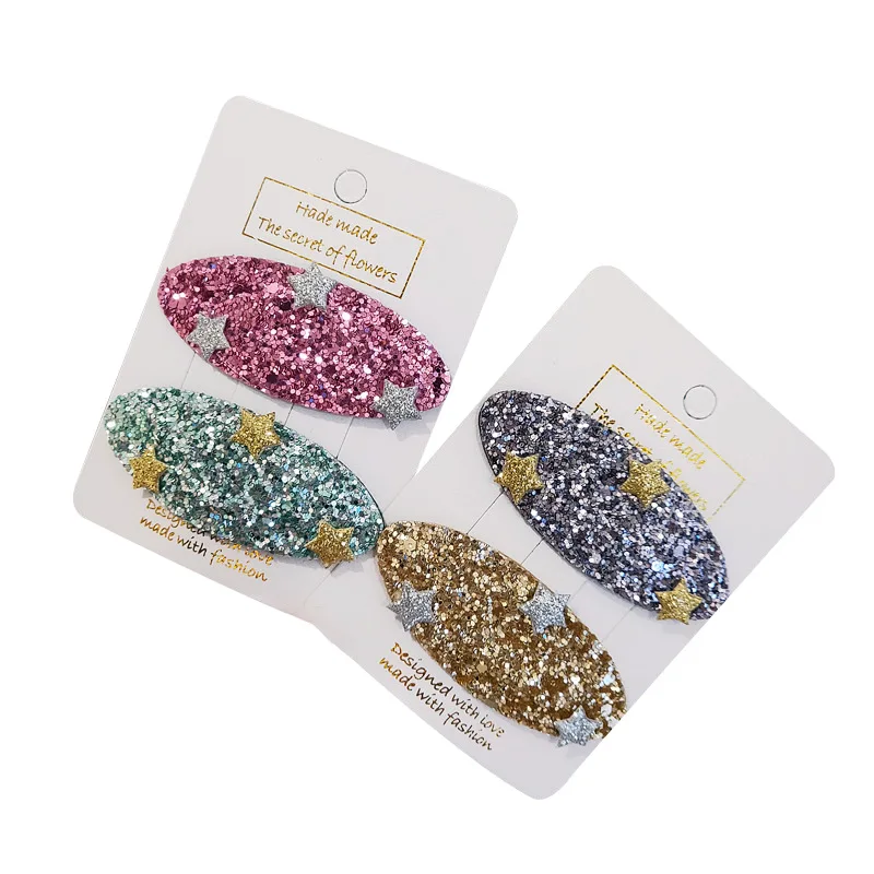

2PCS Fashion Sequins Oval BB Clip Five-pointed Star Children Candy Color Bangs Clip Wild Jewelry Girls Hair Accessories