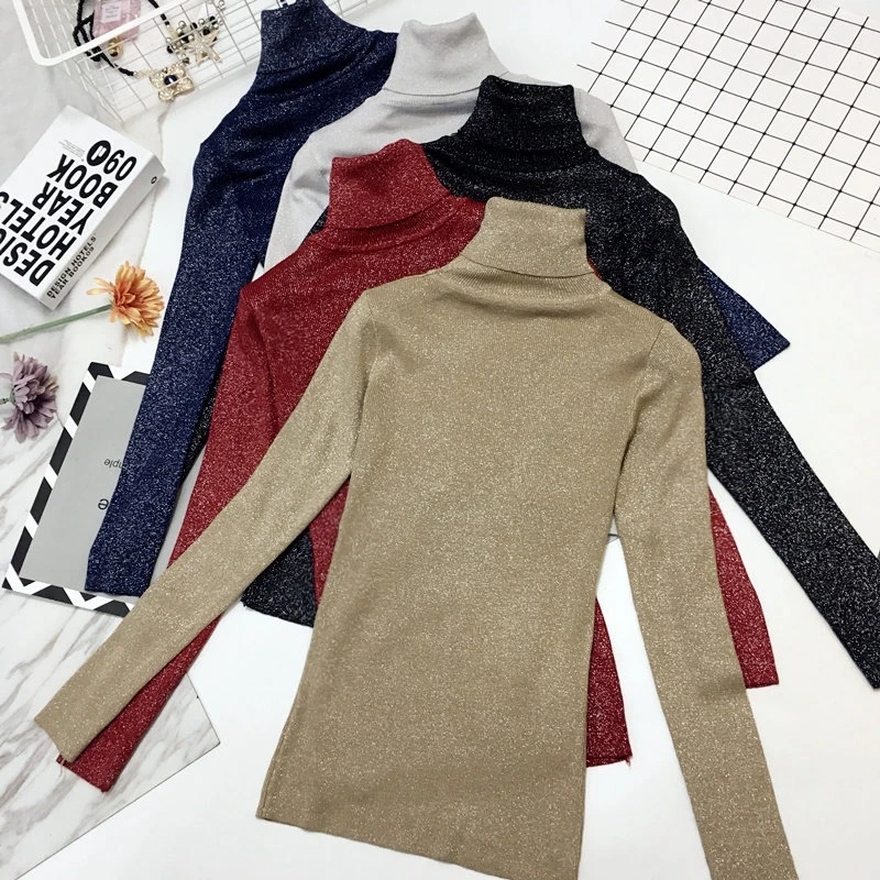 Shiny Lurex Autumn Winter Sweater Women Long Sleeve Pullover Basic Turtleneck Sweaters Women Tops Femme Knitted Korean Style (20)