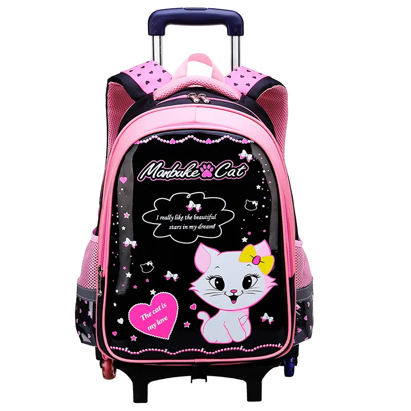 Новая детская школьная сумка на колесах школьный на колесиках сумка для отдыха в ночном клубе, дети кошка печать школьные рюкзаки на колесиках для путешествий Чемодан рюкзак - Цвет: 6 wheels black