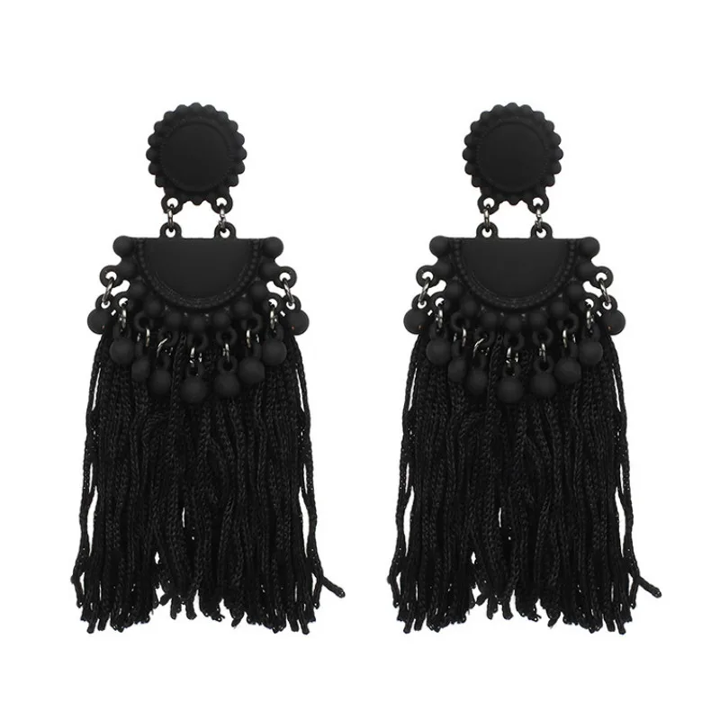 

8Seasons Fashion Grey/Black/Red Long Tassel Ball Sector Statement Drop Earrings Bohemia Style Female Elegant Party Jewelry Gifts