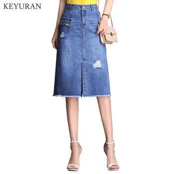 

M-4XL Womens Pockets Hole Denim Skirts Female Plus Size Summer Bandage High Waist Split Jeans Skirt For Women L3308
