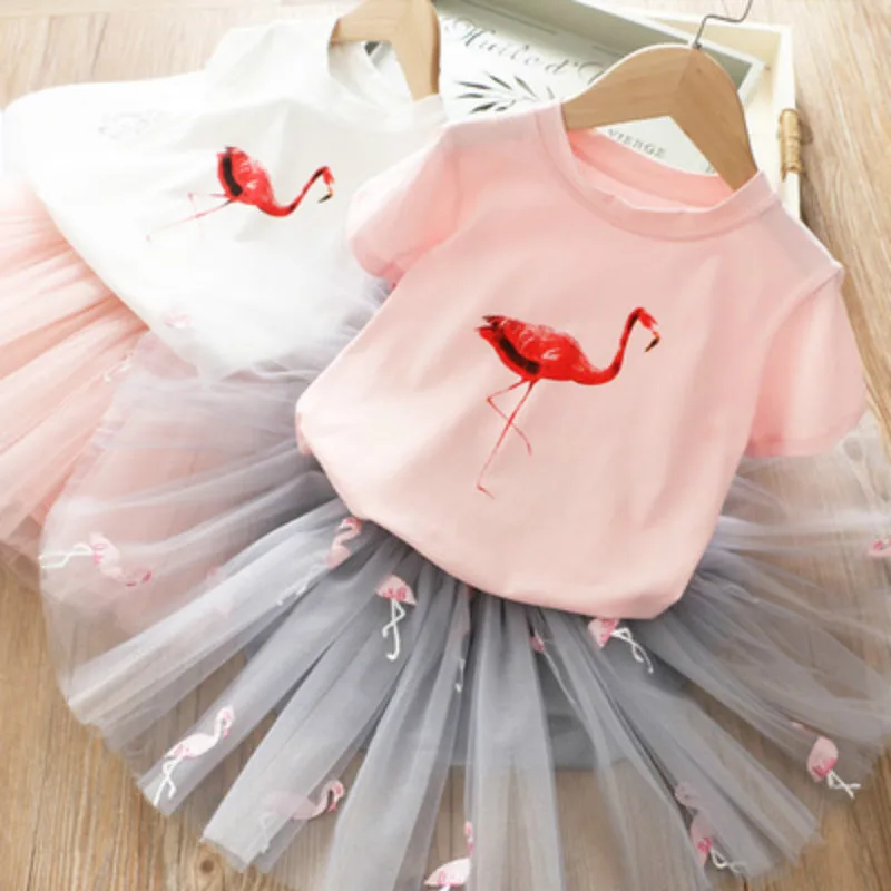 

Girls Dress 2019 Summer New Baby Girls Clothing Sets Cartoon Flamingo T-Shirt+ Bling Star Dress 2Pcs Girls Clothes Casual Wear
