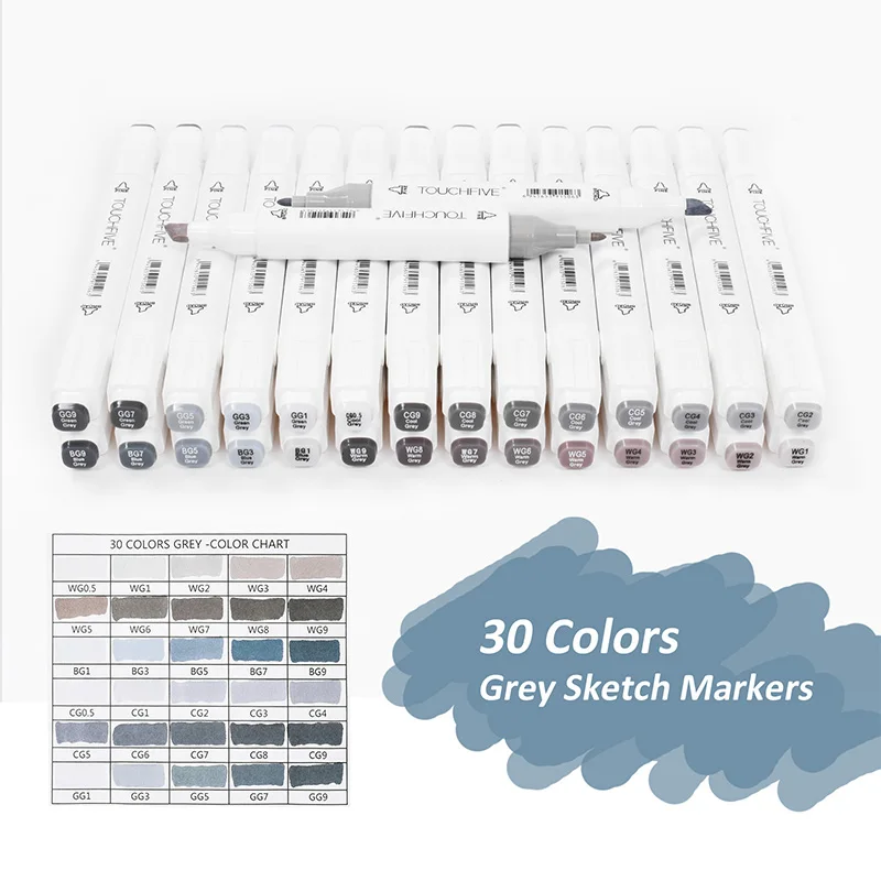 

TOUCHNEW 30 Colors Grey Tones Marker Pens Set Professional Dual Tips Alcohol Based Sketch Art Markers Art Supplies
