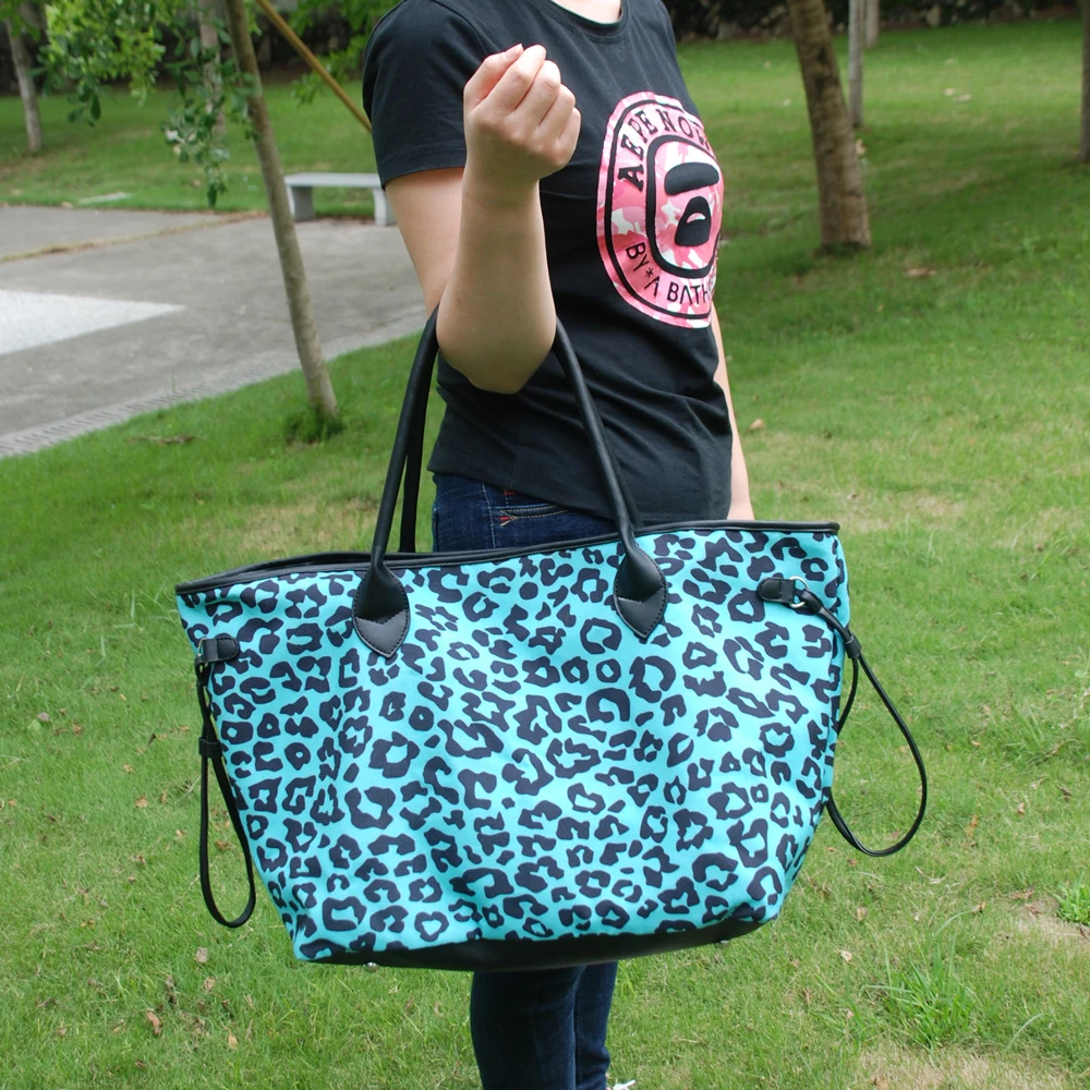 

Large Turquosie Leopard Patterns Canvas Tote Bag With Inside Pocket, turquoie Cheetah Tote Bag with Cord Decorate DOM-1249n