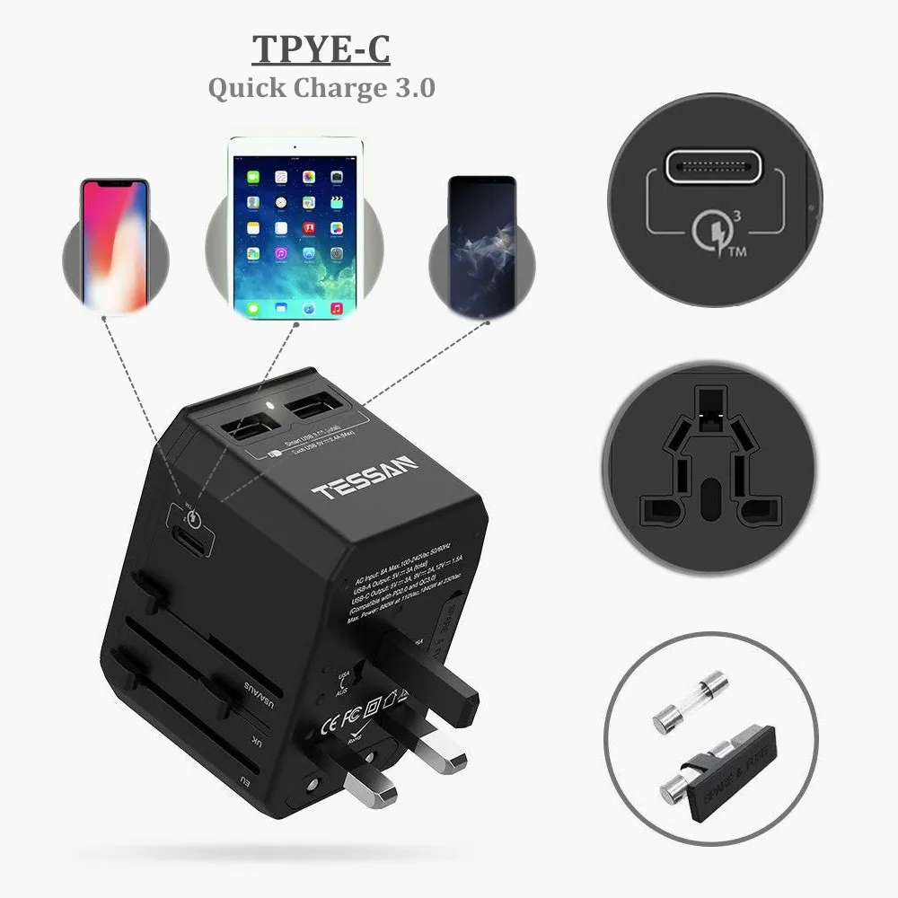 Универсальный дорожный адаптер TESSAN 3USB/2USB порта порт s Tpye C 3 0 переменного тока для