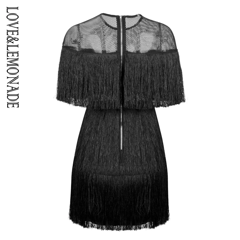 Love& Lemonade/черное Сетчатое платье с круглым вырезом, украшение бахромой вечерние платья LM1120