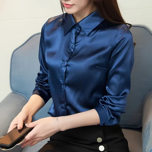 Новинка, женская шелковая атласная блузка, на пуговицах, с отворотом, с длинным рукавом, рубашки для девушек, для офиса, для работы, элегантные женские топы, высокое качество, блузки 3XL - Цвет: Королевский синий