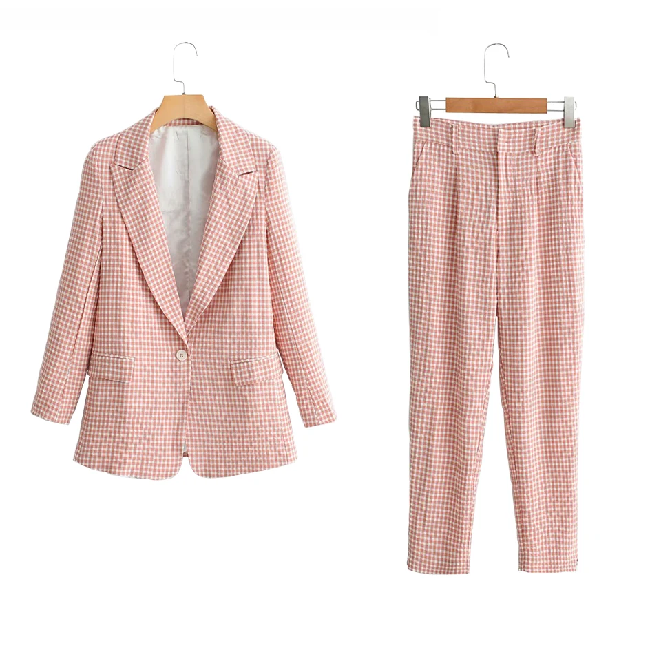 

Women Office Lady Summer Plaid Pant Suits Long Sleeve Single Button Blazers Coats and Pants Two pieces Sets Female Clothes
