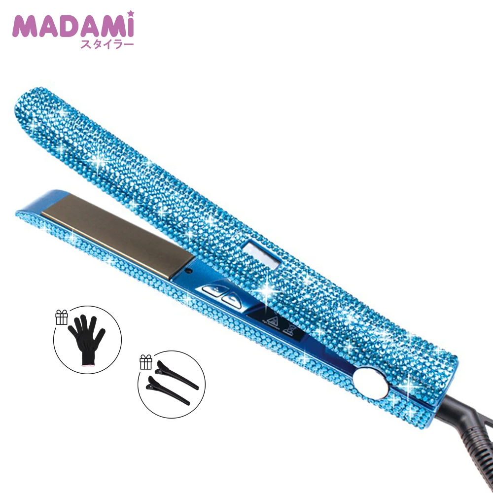 Bling Blue Rhinestones Dual Voltage Hair Straightener Fast MCH Heating Titan Plate 2 In1 Flat Iron Curling And Straightening