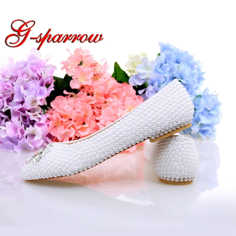 

White Ivory Pearl Flat Heels Wedding Shoes Comfortable Bridesmaid Shoes Bride Formal Dress Flats Party Prom Dancing Shoes