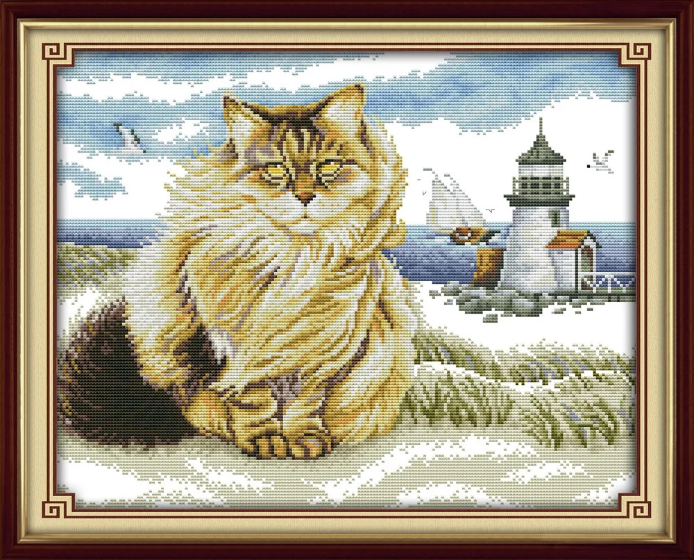 

A Fat cat on the beach Canvas DMC Counted Cross Stitch Kits printed Cross-stitch set Embroidery Needlework