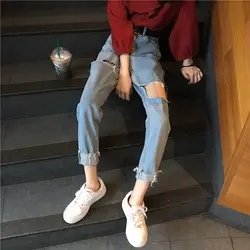 Mihoshop корейский ольджан Корея для женщин модная одежда Высокая талия Свободные бойфренд полые рваные джинсы брюки для девочек