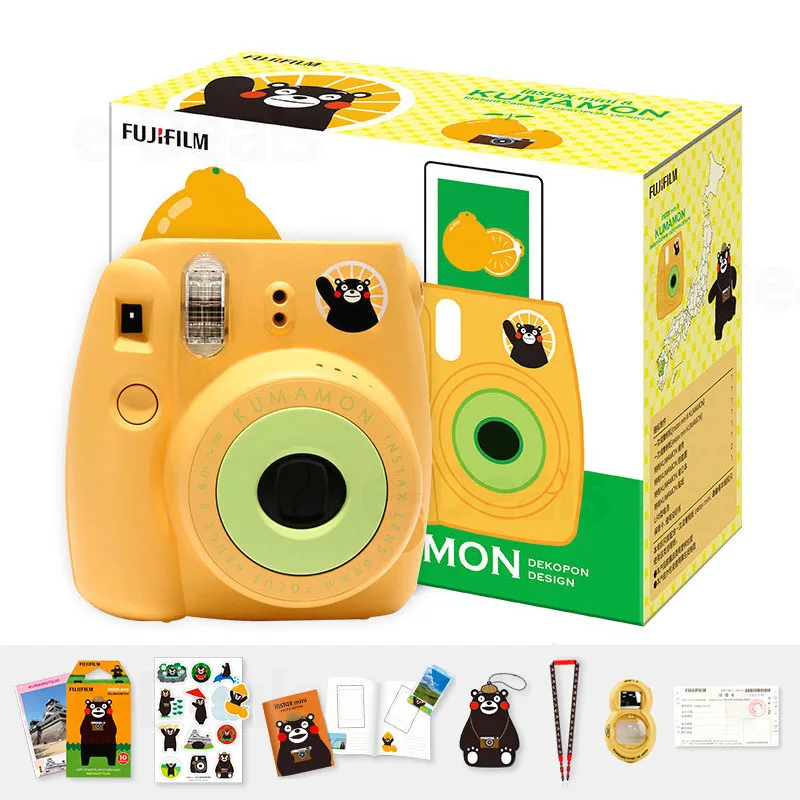 Fujifilm Instax Mini KUMAMON мгновенный набор фотокамер, 5 цветов камера+ пленка+ блокнот+ наклейки+ Специальное кольцо для ключей+ ремешок+ линзы для селфи - Цвет: kumamon yellow-lens