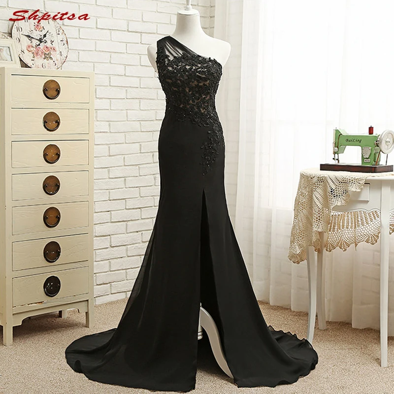 

Black Long Lace Mermaid Evening Dresses Party Women One Shoulder Beaded Formal Evening Gowns Dresses Wear robe de soiree longue