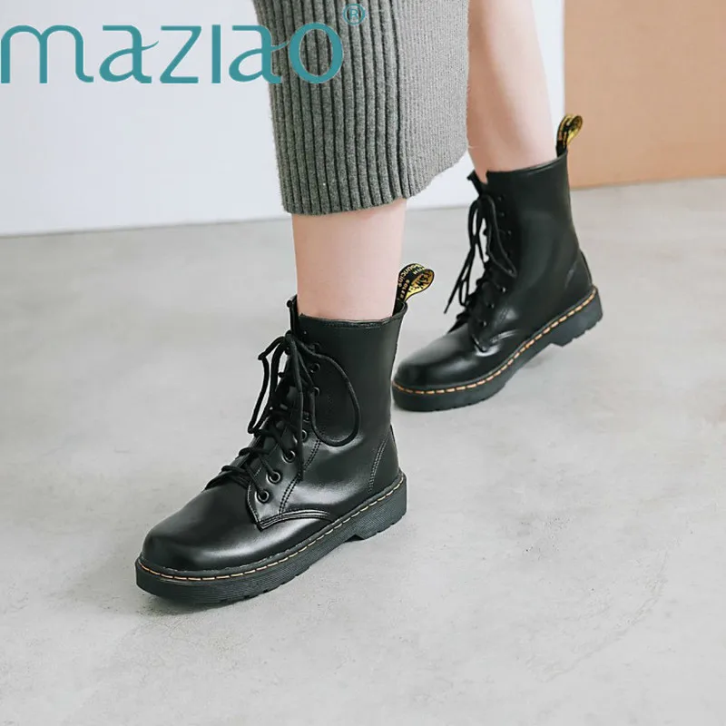 

Women Round Toe Winter Boots Motorcycle Ankle Boots Lace Up Botas Shoes Woman Black Red PU Leather Zipper Martin Bootie MAZIAO