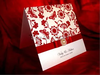 

HI6014 - Popular White Wedding Invitation Cards with Red Flocking Patterns and Ribbon