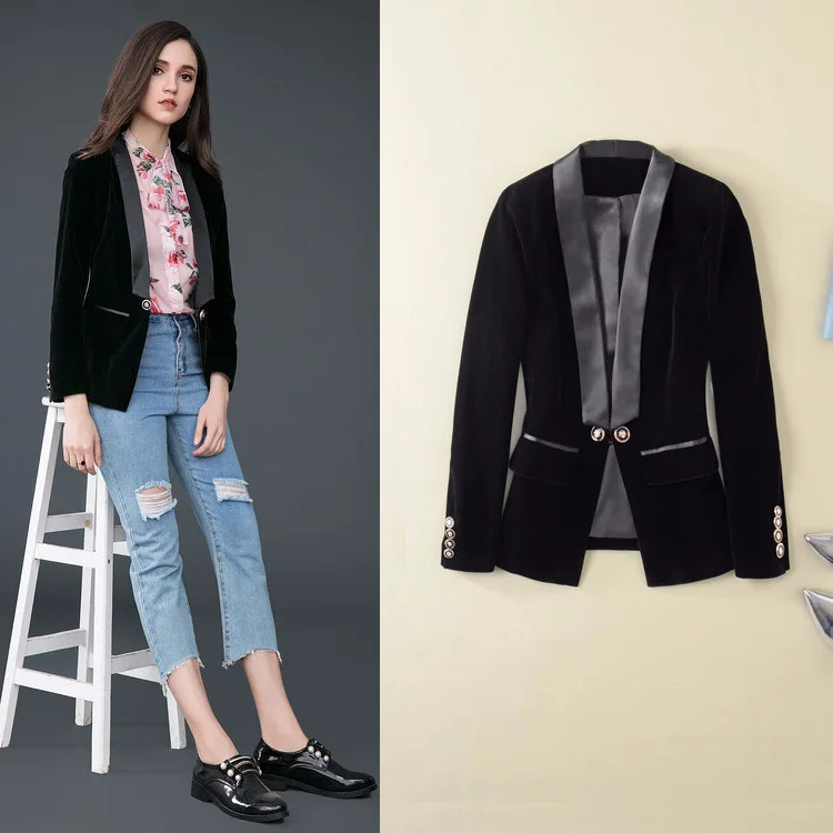 

Temperament 2019 Spring Foreign Trade Women's Fashion Temperament Suit Collar Long Sleeve Velvet Slim Joker Coat Woman Suit