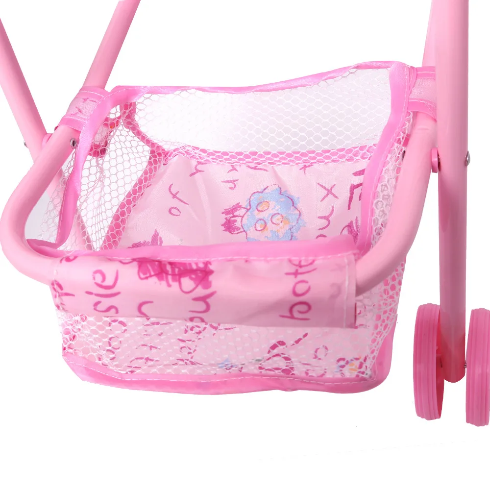 Pink Foldable Doll Stroller Trolley with Swivel Wheel Basket Furniture for Dolls Kids Children Pretend Play House Toys for Girls