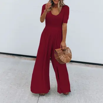 

2019 Women Vintage Short Sleeve Jumpsuit Summer O Neck Long Wide Leg Solid Overall Jumpsuits Romper
