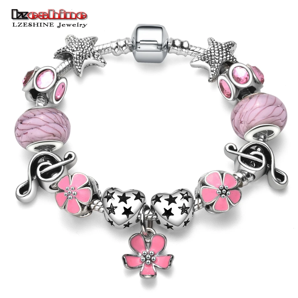 LZESHINE Trendy Charm Bracelets for Women With Pink Flower Beads