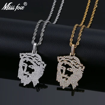 

MISSFOX Hiphop Hollow Jesus Headphoto Long Necklace HQ Cz Stones Iced Out Locket Pendant With Free 24K Gold Rope Chain