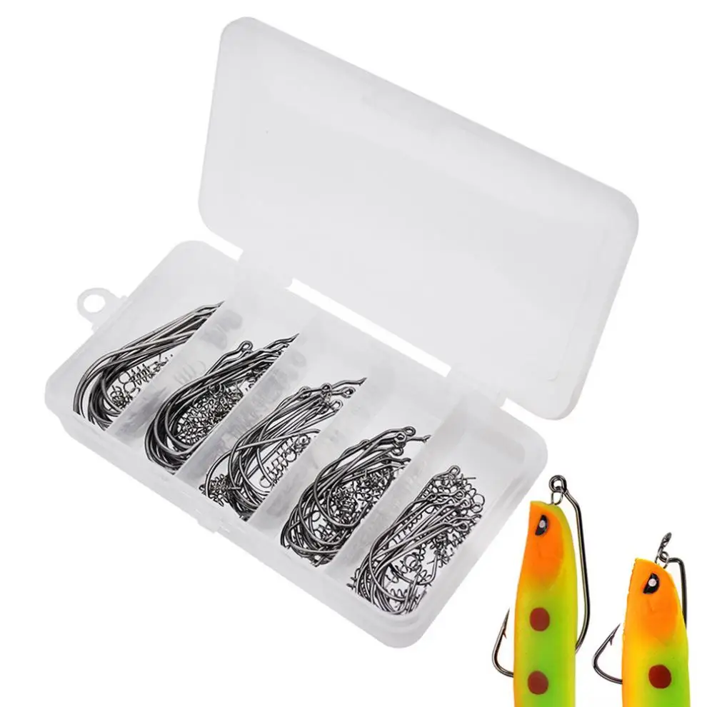 

50pcs/lot Spring Lock Pin Carbon Steel Crank Hooks Soft Bait Fishing Lures Fixed Latch Needle with Transparent Fishing Box
