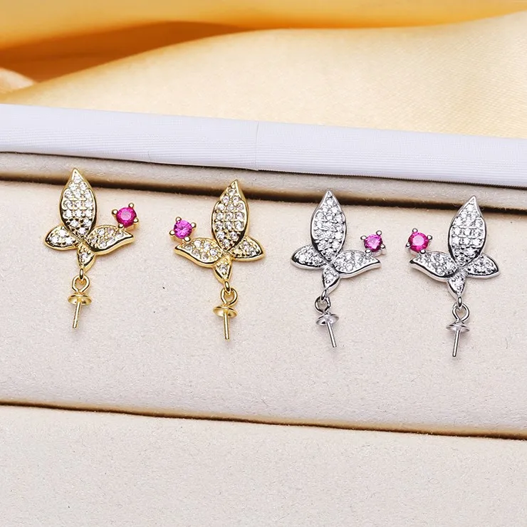 

2 Color 925 Sterling Silver Pearl Earrings Fashion Drop Earrings Butterfly Findings Jewelry Parts Fittings Women's Accessories