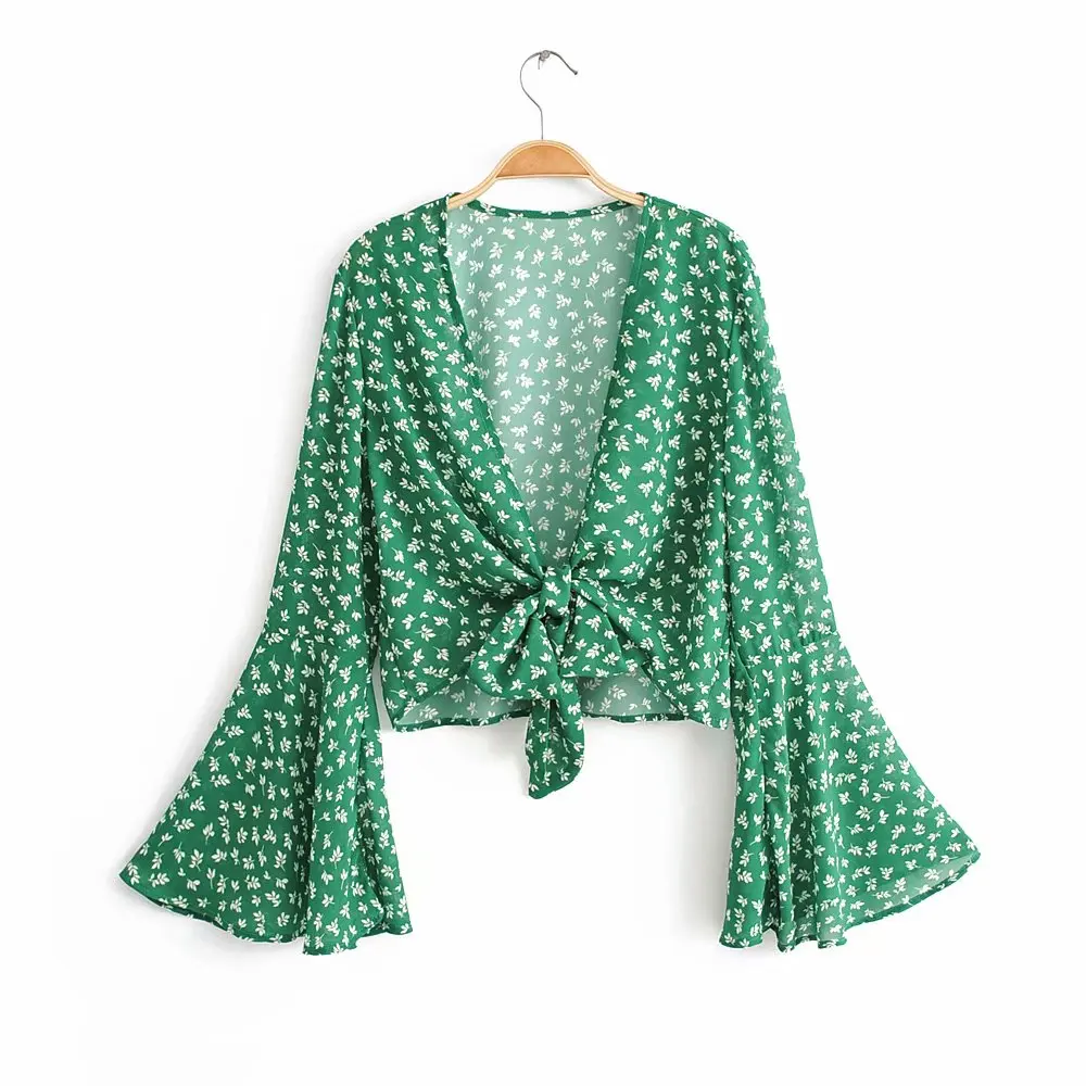 

women fashion sweet leaves print cardigan knotted shirt blouses women flare sleeve casual blusas chic beach chemise tops LS3269