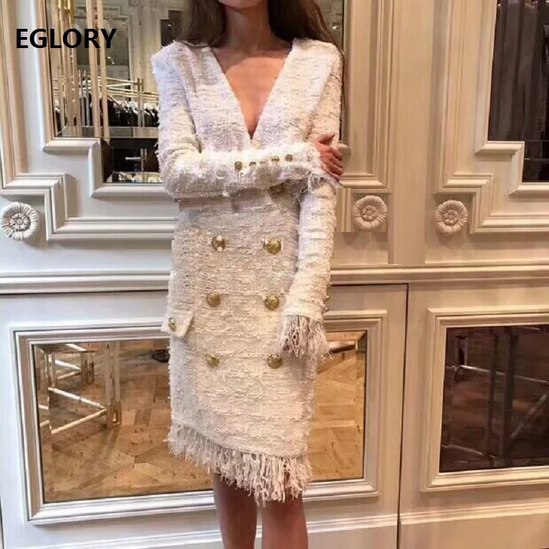 Tassel Wool Dress 2018 New Arrival Vestidos Women V-Neck Golden Button Long Sleeve Wool Blend Dress Lady Sexy Party Winter Dress