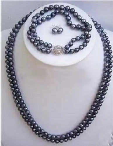 

free shipping 07544 Black FW Pearl 2 Rows Noblest Necklace Bracelet Earring Set (A0423)