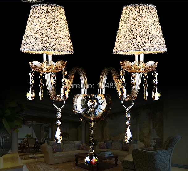 

Modern 2 Heads Crystal Wall Lamp Luxury European Style Crystal Wall Lights Cognac Lampshade Sconce For Bedroom E14 Lamp Fixture