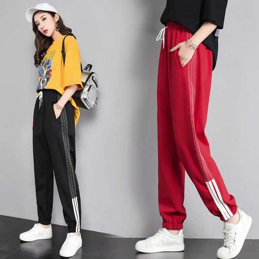 

Stripes Harem Pants Women's clothing Red Female student Casual Pants Korean version Harajuku Loose Drawstring Beam Pants