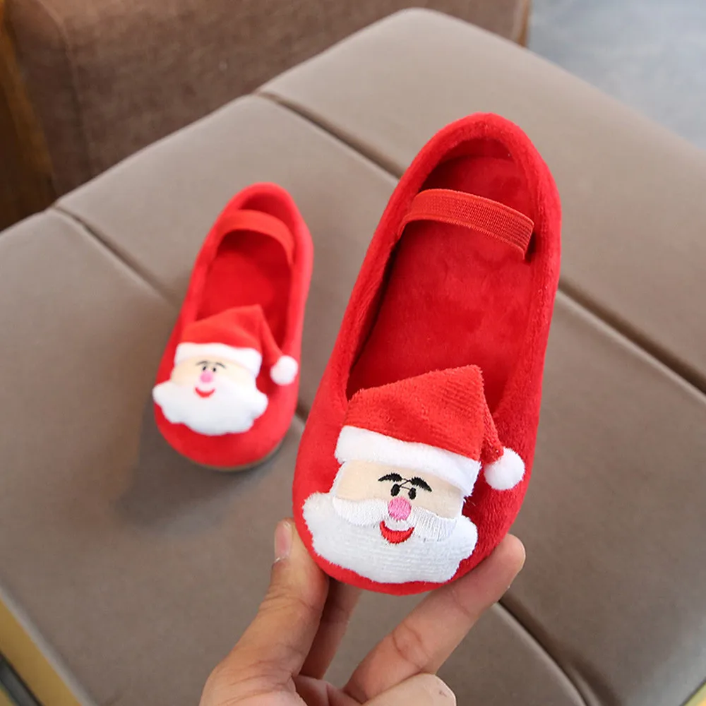 Обувь для маленьких девочек с бантиками; детская обувь для маленьких девочек; Теплая обувь на плоской подошве с рождественским Сантой; кроссовки для девочек