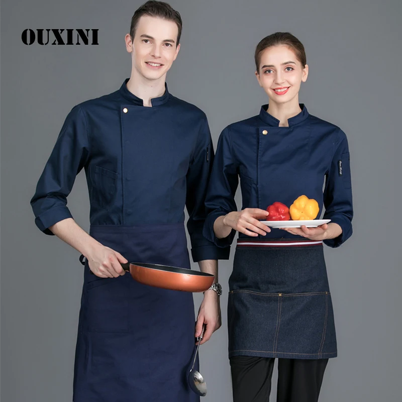 Hotel men's food chef kitchen jacket white shirt long sleeves restaurant uniform chef costume women's cook jacket 4-color chef costume hotel workwear for men food chef kitchen jacket blue shirt short sleeve restaurant uniform chef jacket women