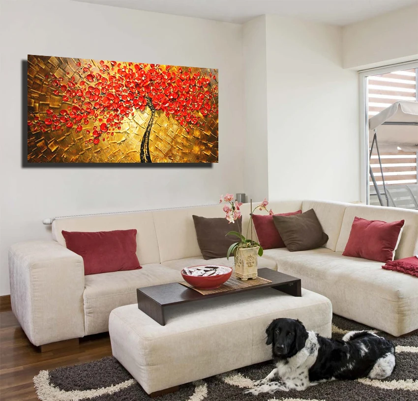 

100% Hand-Painted Oil Painting On Canvas Texture Palette Knife 3d red flowers Paintings Modern Home Interior Decor Wall Art