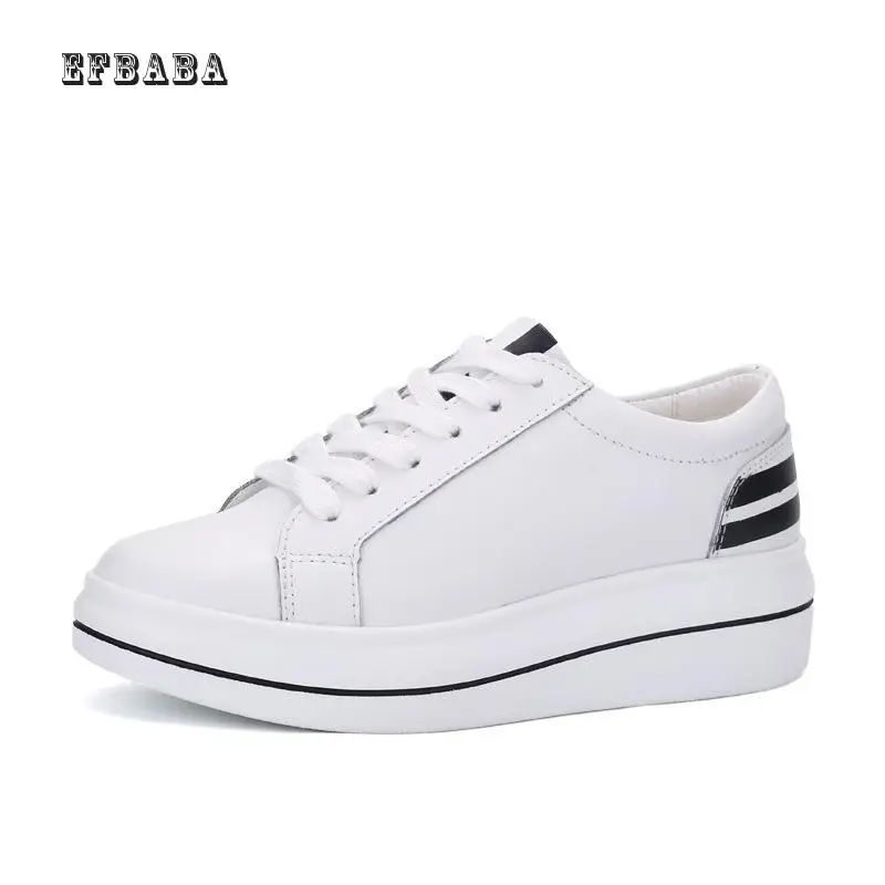 

Efbaba Genuine Leather Women Flat Shoes Lace-up Ladies Walking Shoes Shallow Height Increase Shoes 2018 Chaussures Casual Femme